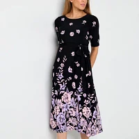 Black Label by Evan-Picone Womens Short Sleeve Floral Midi Fit + Flare Dress