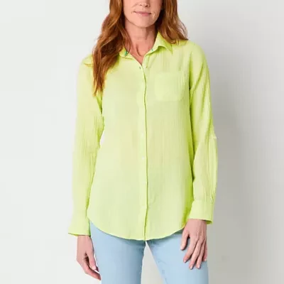 St. John's Bay Womens Long Sleeve Regular Fit Button-Down Shirt
