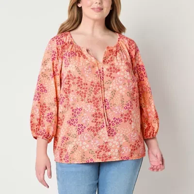 St. John's Bay Plus Womens Round Neck Long Sleeve Blouse