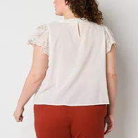 a.n.a Plus Womens Crew Neck Short Sleeve Embroidered Blouse