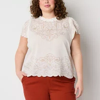 a.n.a Plus Womens Crew Neck Short Sleeve Embroidered Blouse