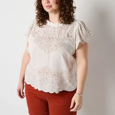 a.n.a Plus Womens Crew Neck Short Sleeve Embroidered Blouse