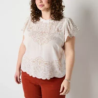 a.n.a Plus Womens Crew Neck Short Sleeve Embroidered Blouse