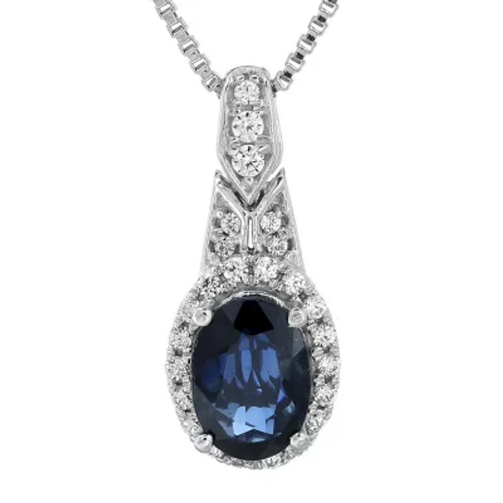 1/6 CT. T.W. Diamond and Genuine Blue Sapphire Sterling Silver Oval Drop Pendant Necklace
