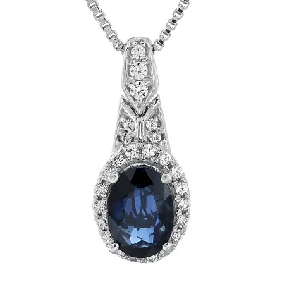 1/6 CT. T.W. Diamond and Genuine Blue Sapphire Sterling Silver Oval Drop Pendant Necklace