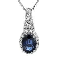 1/6 CT. T.W. Diamond and Genuine Blue Sapphire Sterling Silver Oval Drop Pendant Necklace