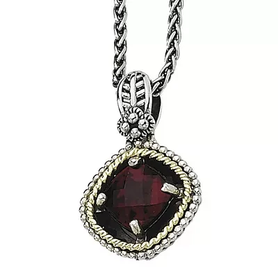 Shey Couture Genuine Garnet Sterling Silver and 14K Yellow Gold Cushion Pendant Necklace