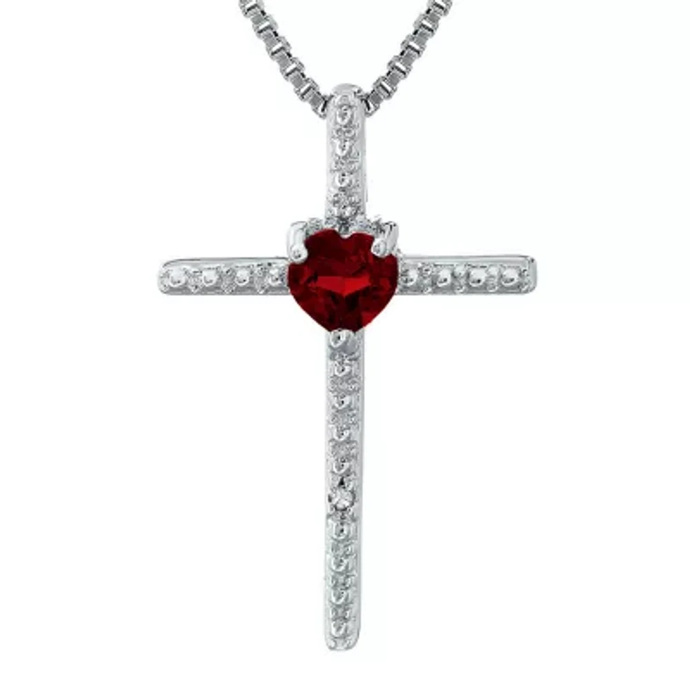 Genuine Garnet and Diamond-Accent Sterling Silver Cross and Heart Pendant Necklace