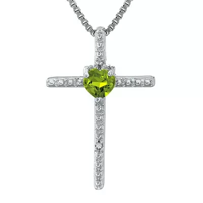 Genuine Peridot and Diamond-Accent Sterling Silver Cross and Heart Pendant Necklace