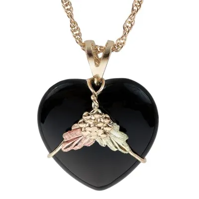 Black Hills Gold Womens Black Onyx 10K Tri-Color Gold Heart Pendant Necklace