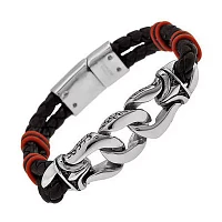 Stainless Steel Black Leather & Red Bead Mens Bracelet