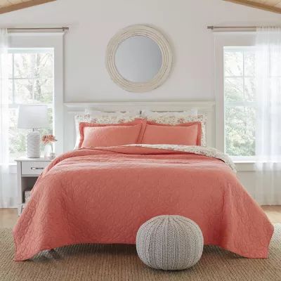 Laura Ashley Solid Coral Cotton Reversible Quilt Set