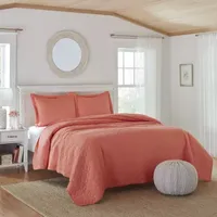 Laura Ashley Solid Coral Cotton Reversible Quilt Set