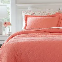 Laura Ashley Solid Coral Cotton Reversible Quilt Set