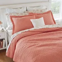 Laura Ashley Solid Coral Cotton Reversible Quilt Set