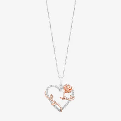 Enchanted Disney Fine Jewelry Womens 1/6 CT. T.W. Natural White Diamond 10K Rose Gold Over Silver Sterling Silver Heart Pendant Necklaces