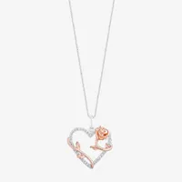 Enchanted Disney Fine Jewelry Womens 1/6 CT. T.W. Natural White Diamond 10K Rose Gold Over Silver Sterling Silver Heart Beauty and the Beast Belle Princess Pendant Necklace