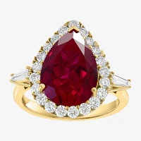 Effy  Womens 3/4 CT. T.W. Lab Created Red Ruby 14K Gold Pear Halo Cocktail Ring