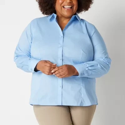 Liz Claiborne Plus Wrinkle Free Womens Long Sleeve Regular Fit Button-Down Shirt