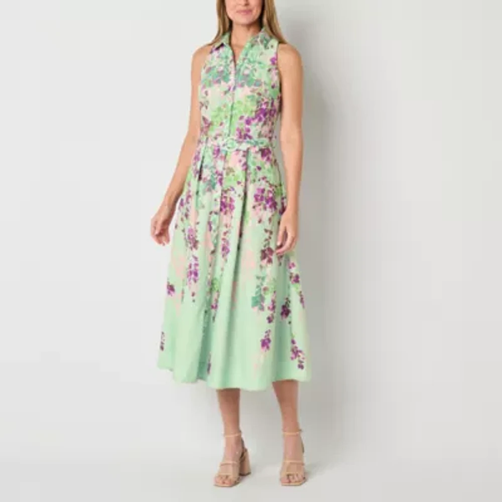 Melonie T Womens Sleeveless Floral Midi Fit + Flare Dress