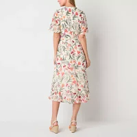 Jessica Howard Womens Short Sleeve Floral High-Low Fit + Flare Dress