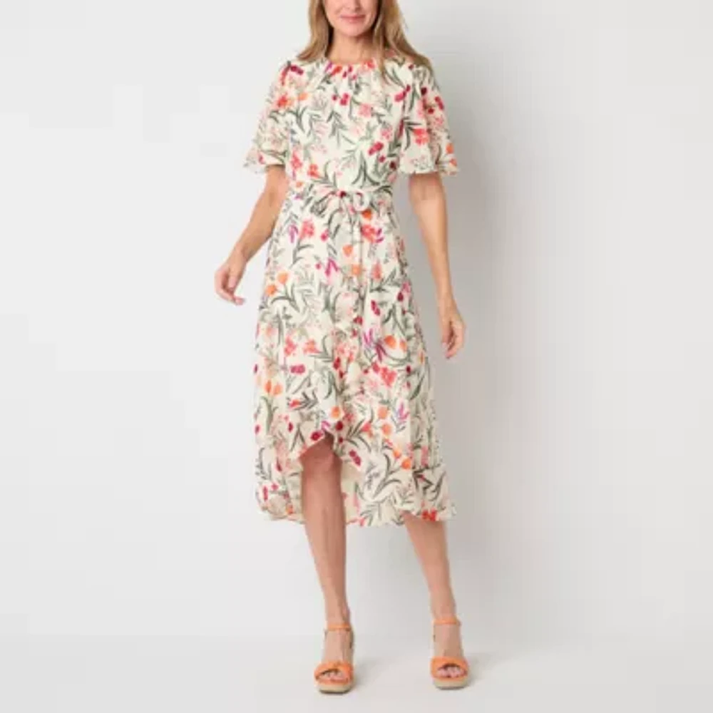 Jessica Howard Womens Short Sleeve Floral High-Low Fit + Flare Dress