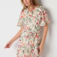 Jessica Howard Womens Short Sleeve Floral High-Low Fit + Flare Dress