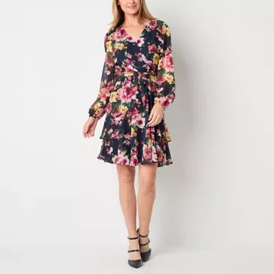 R & K Originals Womens Long Sleeve Floral Fit + Flare Dress