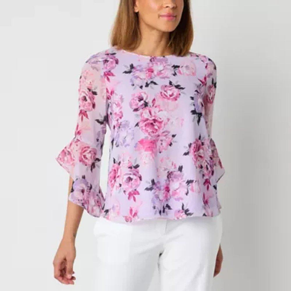 Black Label by Evan-Picone Floral Womens Crew Neck 3/4 Sleeve Blouse