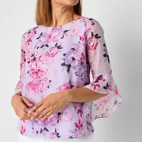 Black Label by Evan-Picone Floral Womens Crew Neck 3/4 Sleeve Blouse