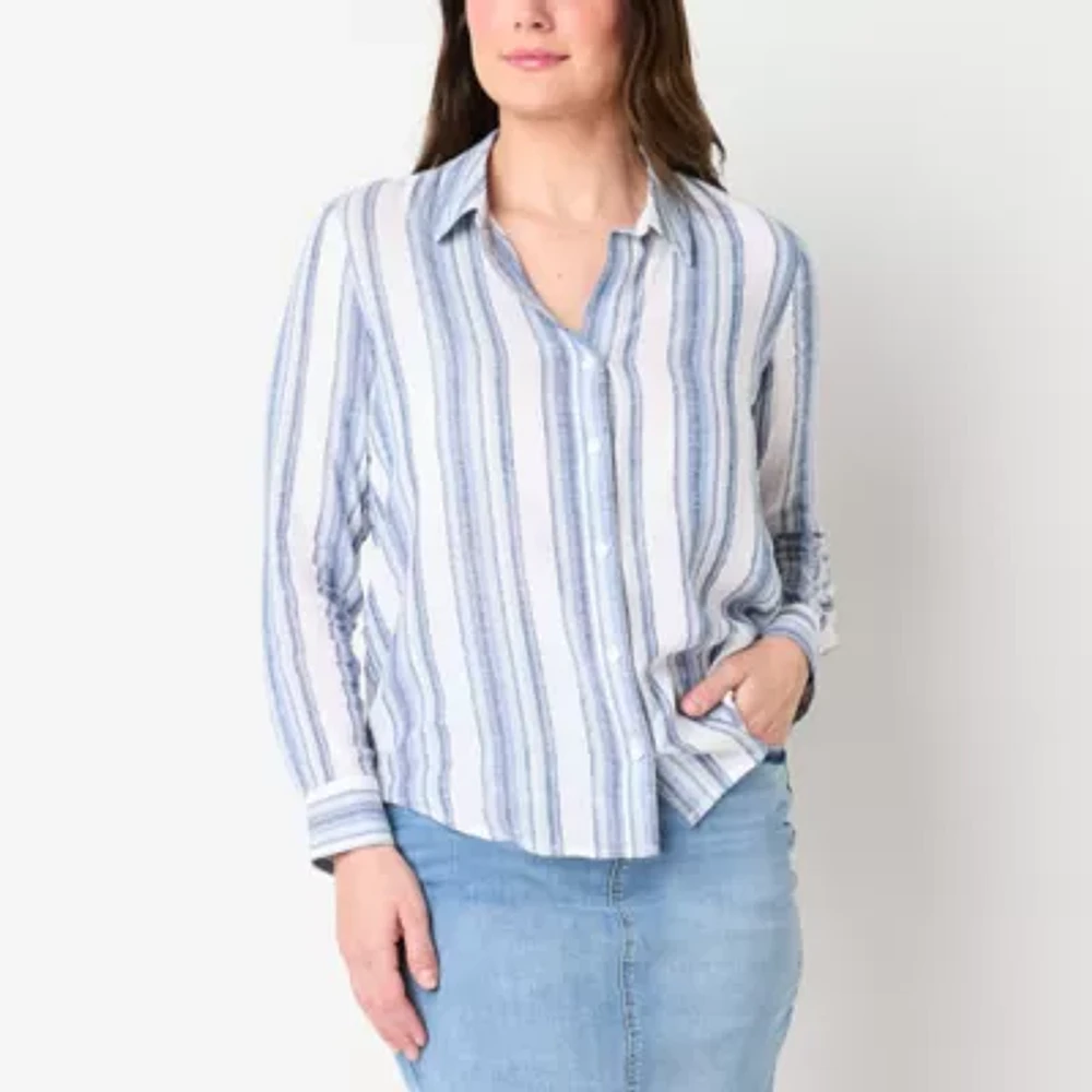 Liz Claiborne Womens Long Sleeve Cuffed Loose Fit Button-Down Shirt