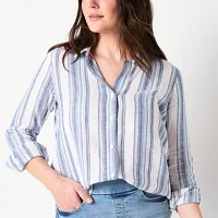 Liz Claiborne Womens Long Sleeve Cuffed Loose Fit Button-Down Shirt