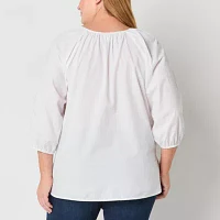 St. John's Bay Plus Womens V Neck 3/4 Sleeve Embroidered Blouse