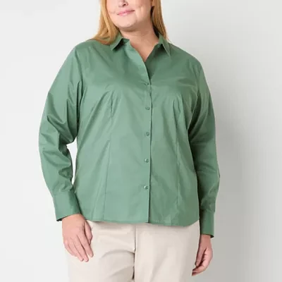 Liz Claiborne Plus Wrinkle Free Womens Long Sleeve Regular Fit Button-Down Shirt