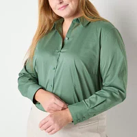 Liz Claiborne Plus Wrinkle Free Womens Long Sleeve Regular Fit Button-Down Shirt