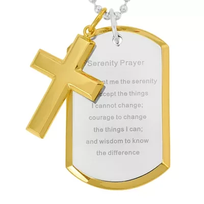 Mens Two-Tone Stainless Steel Serenity Prayer Cross Dog Tag Pendant Necklace