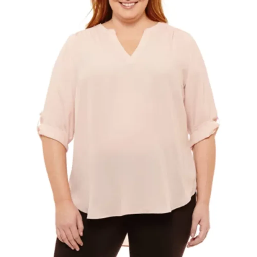 Worthington Plus Womens Split Crew Neck 3/4 Sleeve Blouse