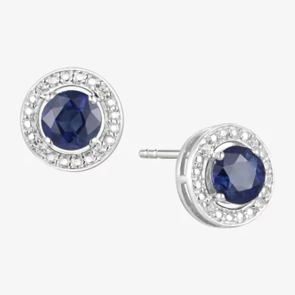 Diamond Accent Genuine Blue Sapphire Sterling Silver 6mm Round Stud Earrings