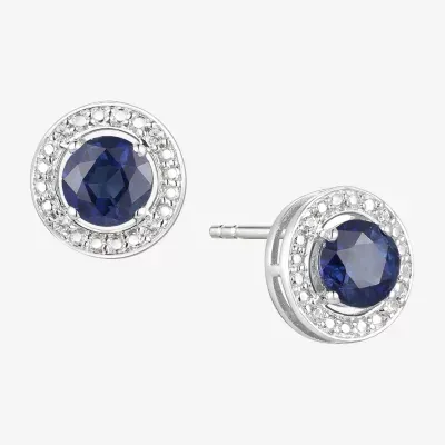 Diamond Accent Genuine Blue Sapphire Sterling Silver 6mm Round Stud Earrings