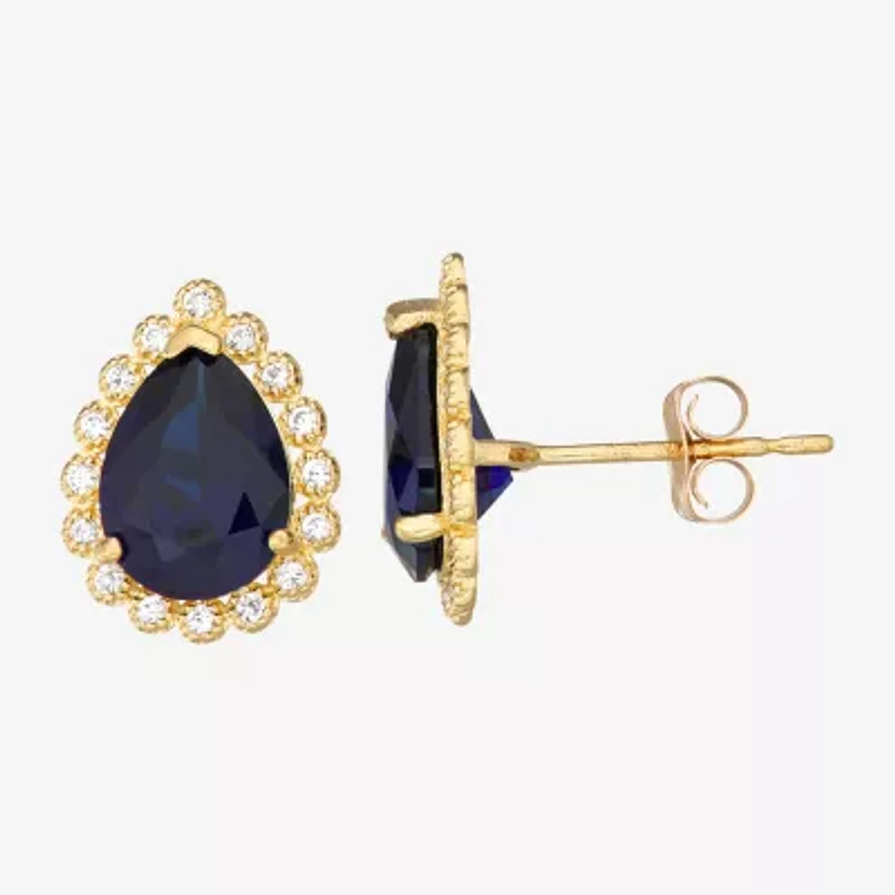 Lab Created Blue Sapphire 10K Gold 1/2 Inch Pear Stud Earrings