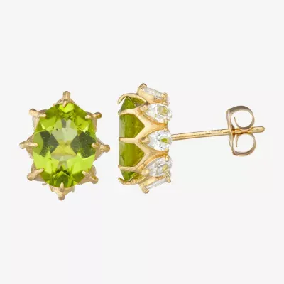 Genuine Green Peridot 10K Gold 10mm Oval Star Stud Earrings