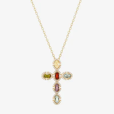 Womens Genuine Multi Color Stone 18K Gold Over Silver Cross Pendant Necklace