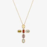 Womens Genuine Multi Color Stone 18K Gold Over Silver Cross Pendant Necklace