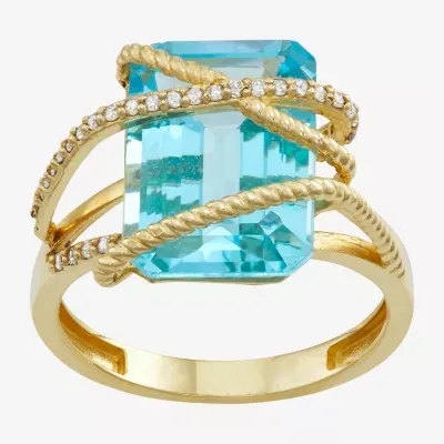 Womens Genuine Blue Topaz & 1/ CT. T.W. White Diamond 10K Gold Cocktail Ring