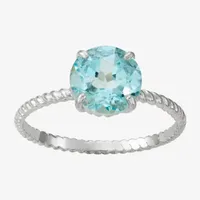 Womens Genuine Blue Aquamarine 10K White Gold Round Cocktail Ring