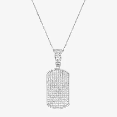 Mens White Cubic Zirconia Sterling Silver Dog Tag Pendant Necklaces