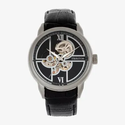 Heritor Mens Automatic Silver Tone Leather Strap Watch Herhr8302