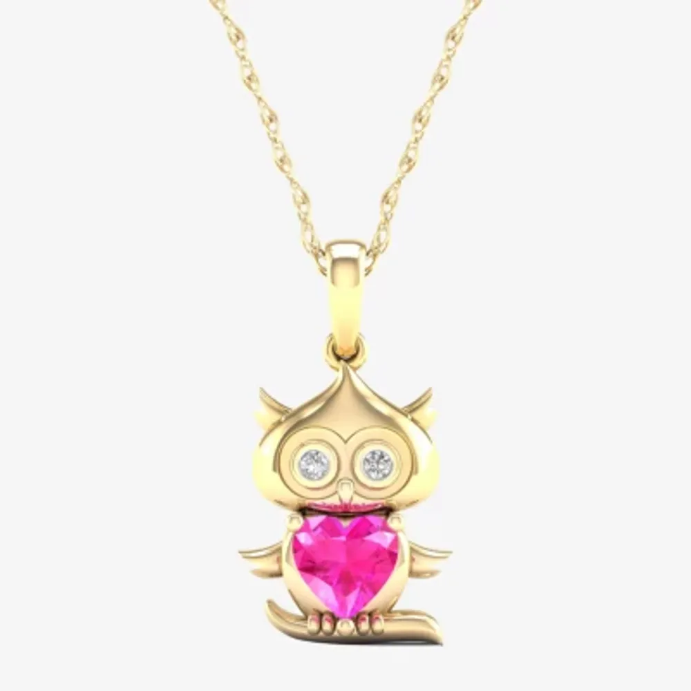 Gender Reveal Owl Womens Lab Created Pink Sapphire 14K Gold Over Silver Pendant Necklace