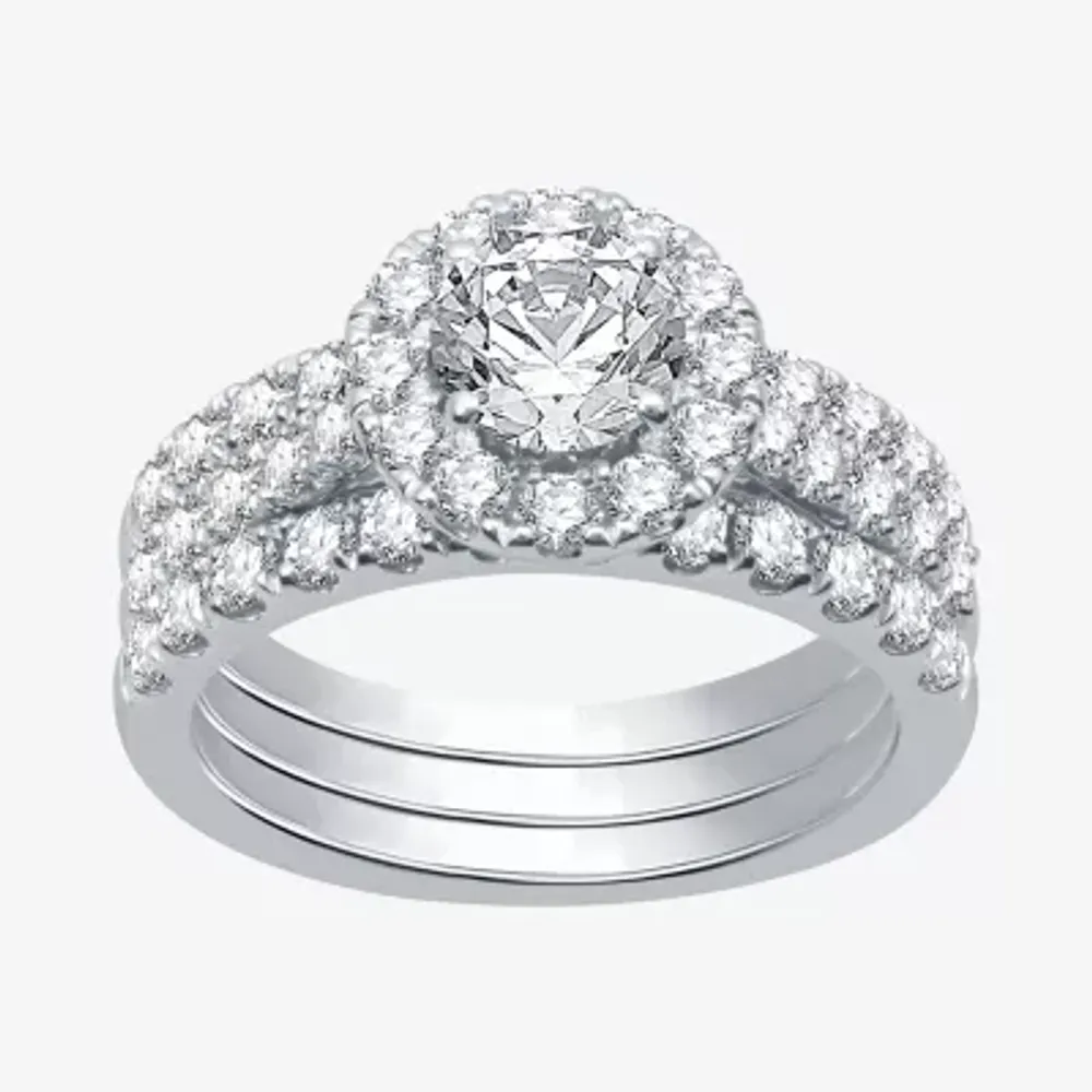 (I / Si2) Womens 2 3/4 CT. T.W. Lab Grown White Diamond 10K Gold Round Side Stone Halo Bridal Set