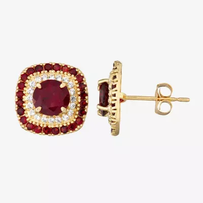 Genuine Red Garnet 10K Gold 7.6mm Cushion Stud Earrings